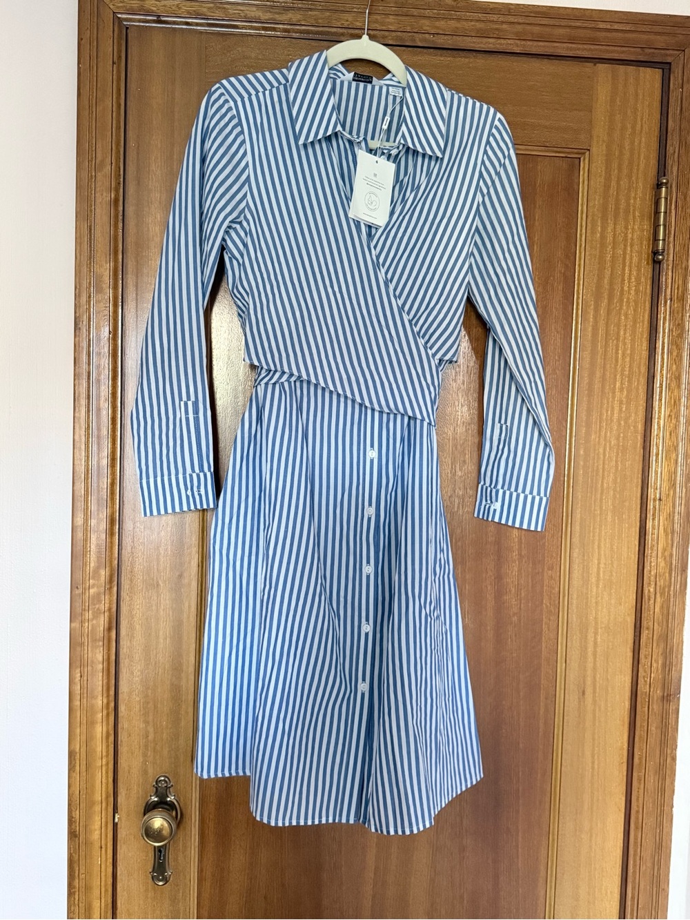 Seraphine Maternity Blue and White Striped Wrap Shirt Dress NWT